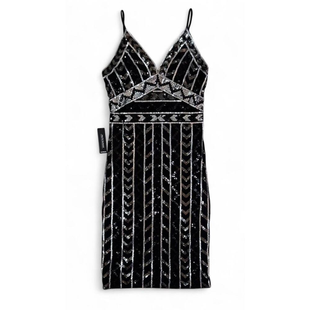 Express Y2K Black Silver Sequin Bodycon V-Neckline Mini Dress Size S NWT